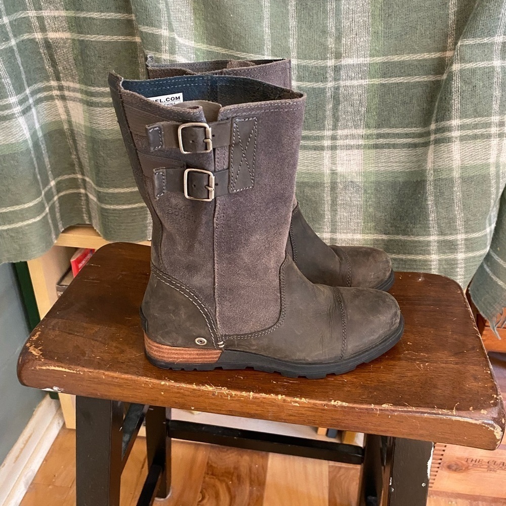 Sorel Major pull on slate gray leather two buckle engineer boots 7
